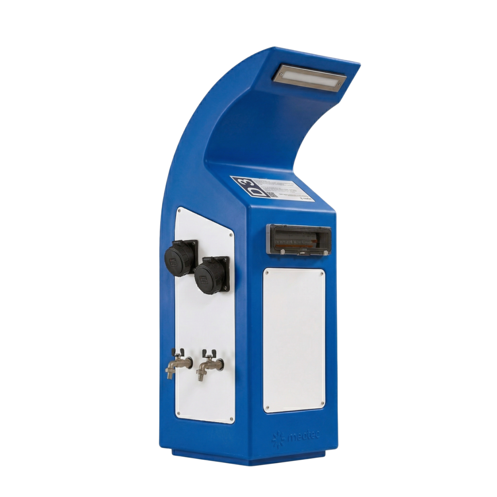 Blue Neca marina service pedestal with IP66 protection degree.