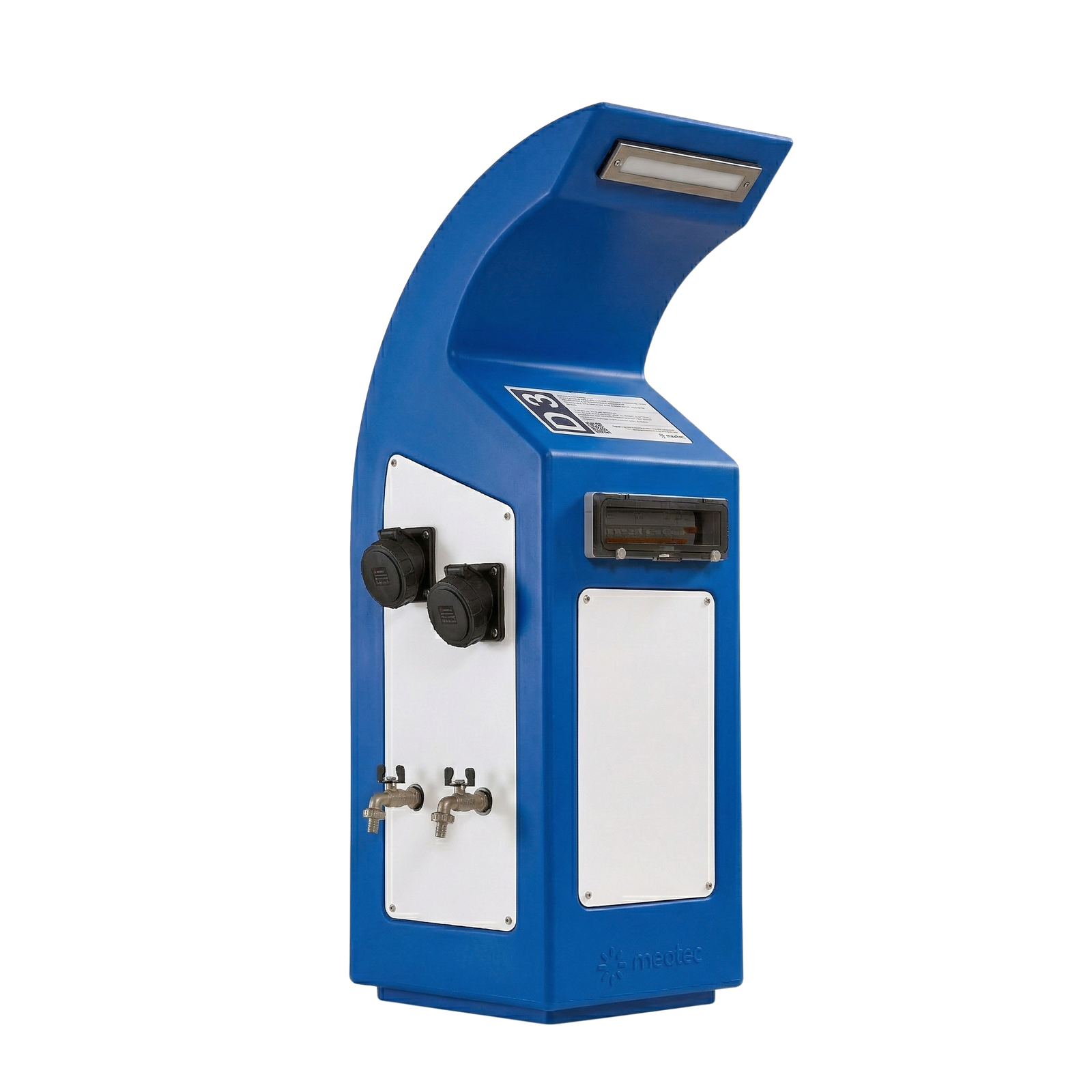 Blue Neca marina service pedestal with IP66 protection degree.