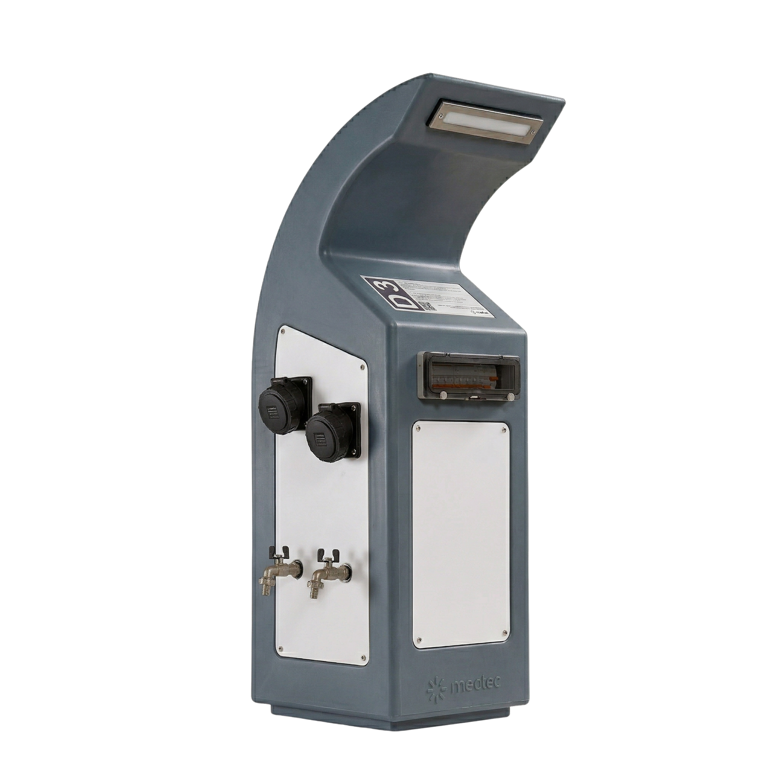 Gray Neca marina service pedestal with IP66 protection degree.