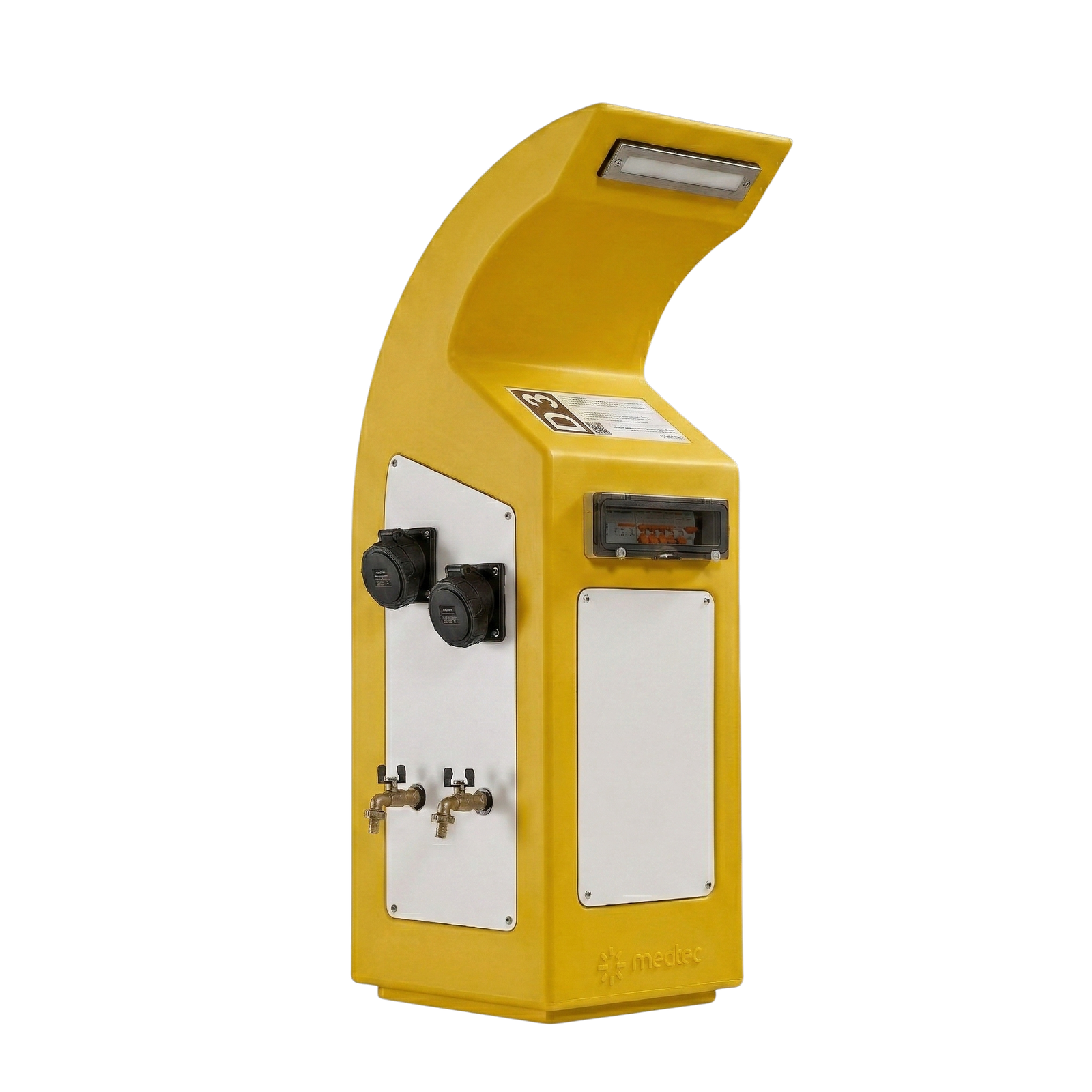 Yellow Neca marina service pedestal with IP66 protection degree.