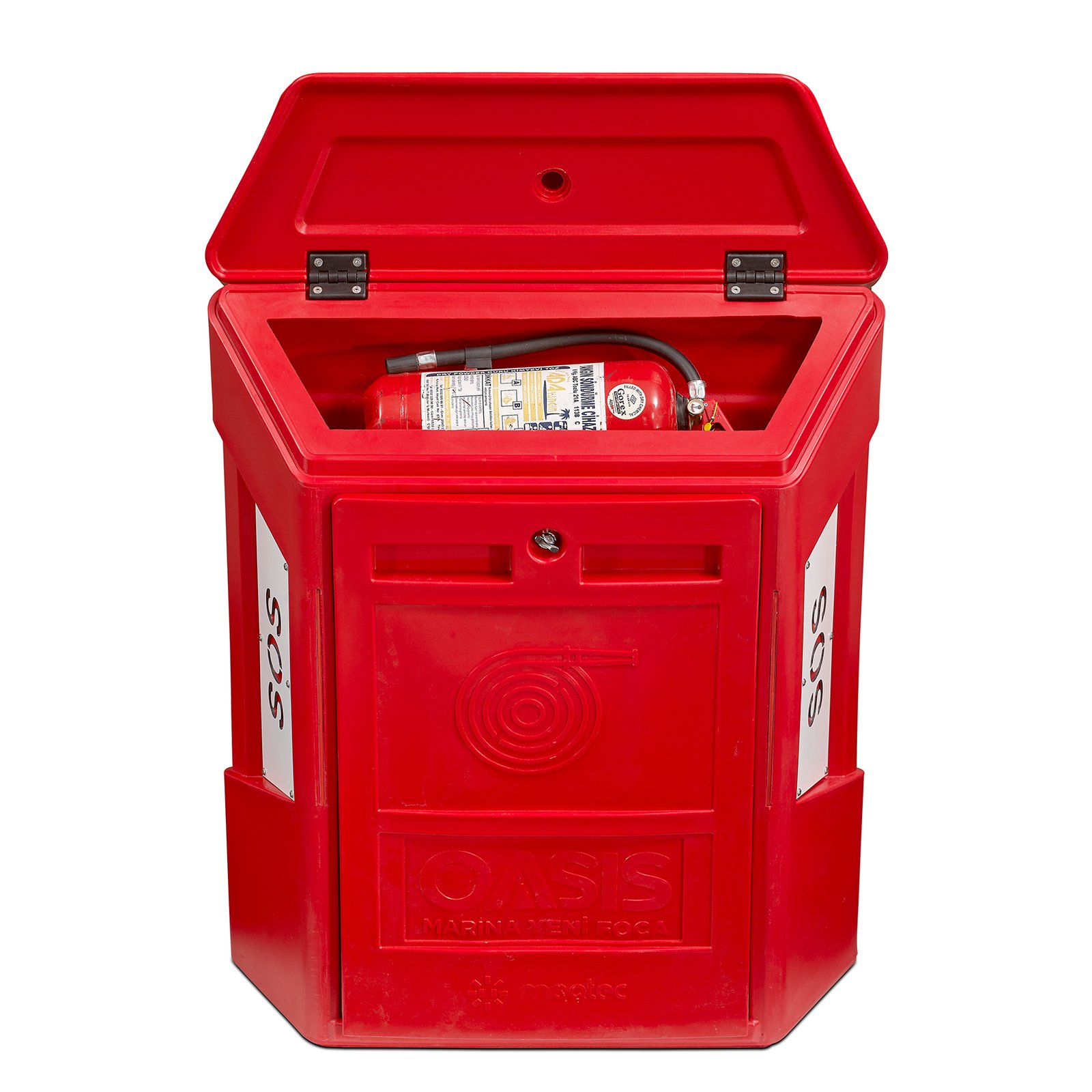 Trima SOS pedestal upper door open showing extinguisher inside