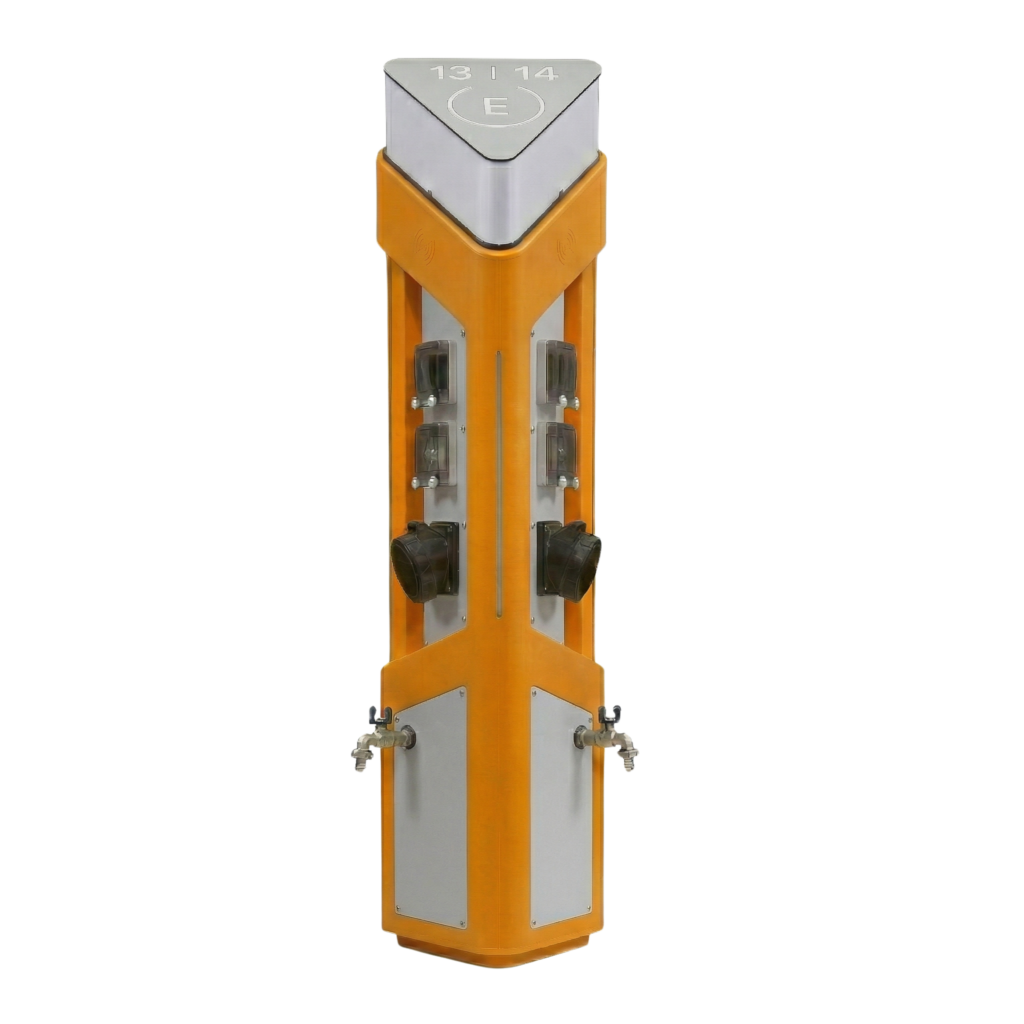 Meqtec Trima marina service pedestal in exclusive yellow with IP66 protection degree.