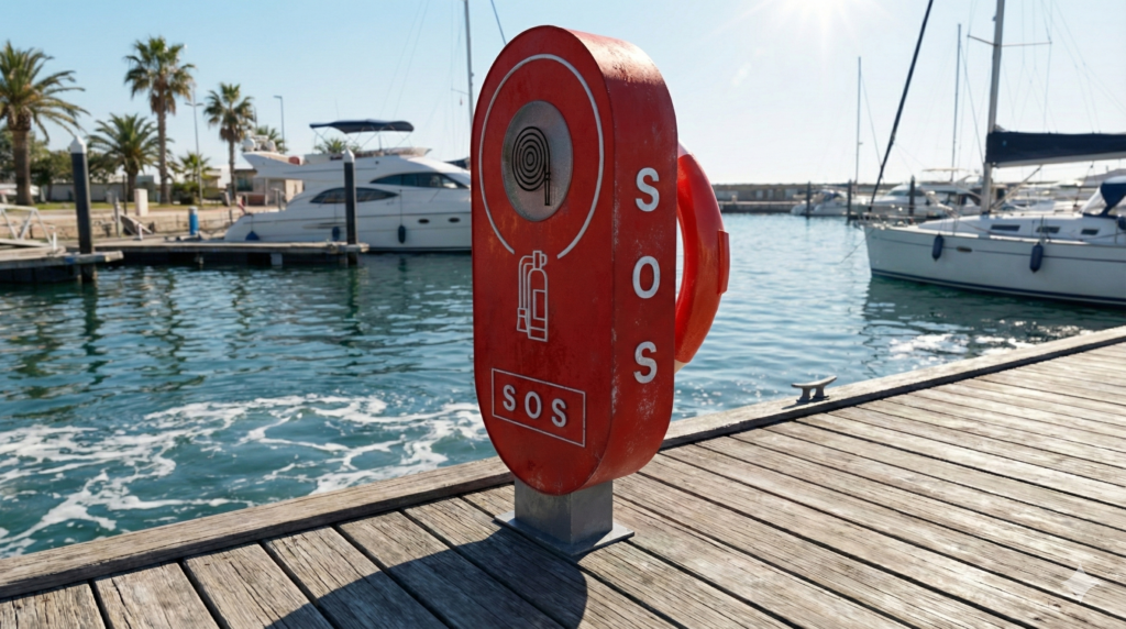 Grada SOS pedestal installed on a marina dock.